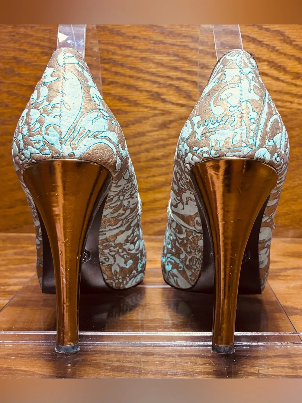 Y2K Vintage Hale Bob Embossed Leather Mary Jane Platform Heels Aqua Bronze Sz 8